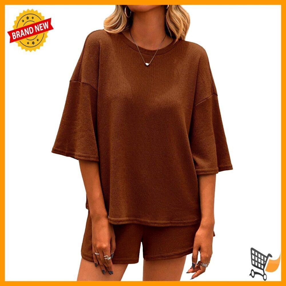 Oversized Knit Lounge Set 3/4 Sleeve Top Elastic Waist Shorts Cozy Pajamas